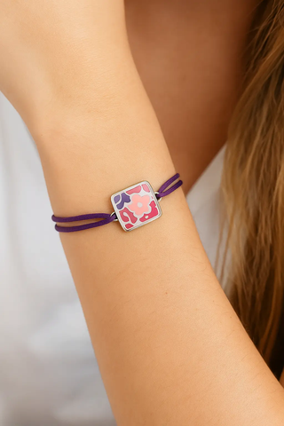 Sterling Silver Enamel Flowers Lavander Cord Bracelet
