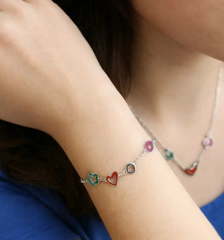 Sterling Silver Colorful Enamel Flower Heart Bracelet