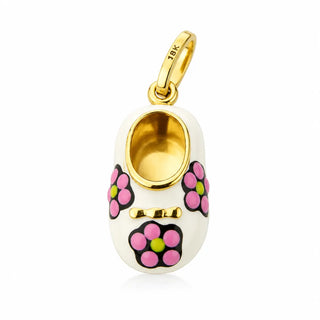 Chaussure en or jaune 18 carats avec émail blanc et fleurs (15 mm x 10 mm / 25 mm avec bélière)