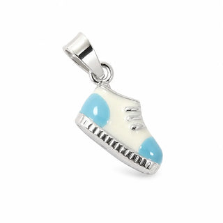 18K Solid White Gold Baby Blue and White Enamel Bootie Pendant