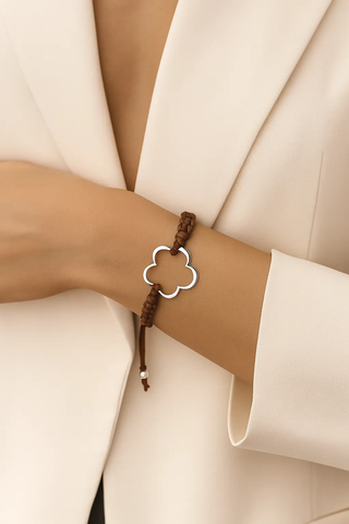 Sterling Silver Large Open Flower Brown Cord Bracelet