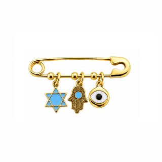 18K Gold Blue Enamel Hamsa, Evil Eye and Star David Safety Pin