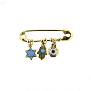 18K Gold Enamel Hamsa Evil Eye and Star David Safety Pin