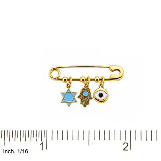 18K Gold Blue Enamel Hamsa, Evil Eye and Star David Safety Pin