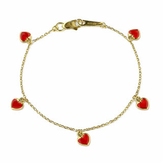 18K Yellow Gold Red Enamel Dangling Heart Charm Bracelet 