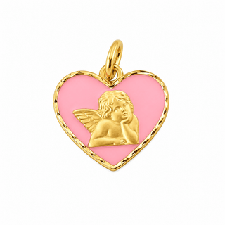 18K Solid Yellow Gold Pink Enamel Angel Heart Medal Pendant 
