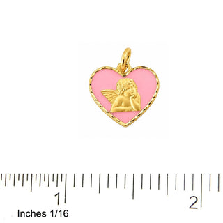 18K Solid Yellow Gold Pink Enamel Angel Heart Medal Pendant 