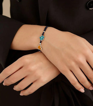 Sterling Silver Orange Heart and Blue Flower Cord Bracelet