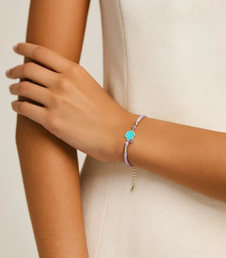 Sterling Silver Turquoise Enamel Flower Adjustable Lilac Cord Bracelet