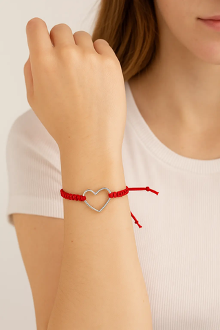 Sterling Silver Large Open Heart Red Cord Adjustable Bracelet 