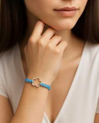 Sterling Silver Open Flower Blue Cord adjustable Bracelet
