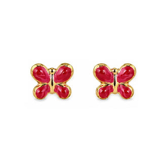 18K Solid Yellow Gold Enamel Butterfly Post Earrings