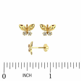 18K Solid Yellow Gold White Zirconia Butterfly Screwback Earrings