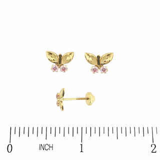 18K Yellow Gold and Pink Zirconia Butterfly Screwback Earrings