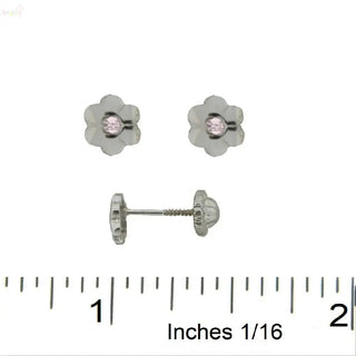 18K Solid White Gold Flower Pink Zirconia Screwback Earrings