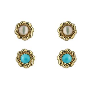 18K Gold Pearl or Turquoise Braided Border Screwback Earrings
