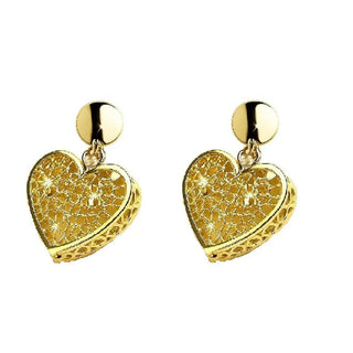 18K Yellow Gold Diamond-Cut Filigree Heart Dangle Earrings