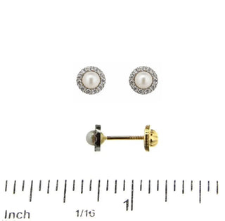 18K Two Tone  Gold Pearl and Zirconias Screwback Earrings
