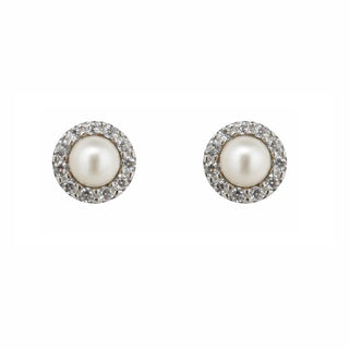 18K Two Tone  Gold Pearl and Zirconias Screwback Earrings
