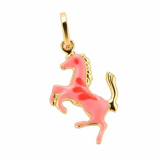 18K Solid Yellow Gold Peach or Pink Enamel Horse Pendant