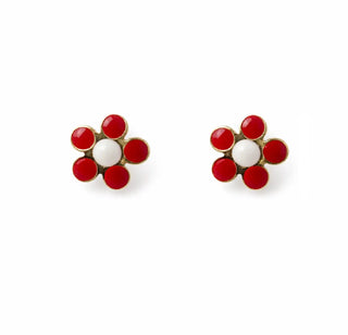pr18K Solid Gold Red Enamel Flower Screwback Earrings