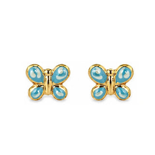 18K Solid Yellow Gold Enamel Butterfly Post Earrings