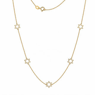 18K Solid Yellow Gold Five Star of David Inline Necklace