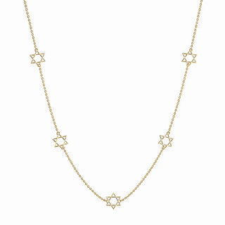 18K Solid Yellow Gold Five Star of David Inline Necklace