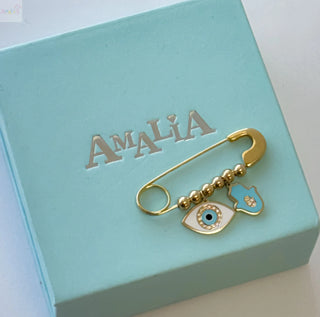 18K Yellow Gold Large Diamond Evil Eye and Hamsa Safety Pin