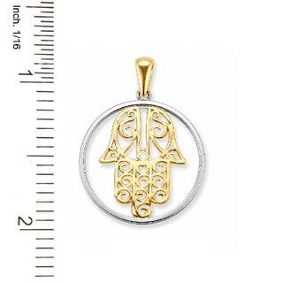 18K Solid Two-Tone Gold Filigree Hamsa Hand Round Pendant