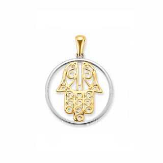 18K Solid Two-Tone Gold Filigree Hamsa Hand Round Pendant
