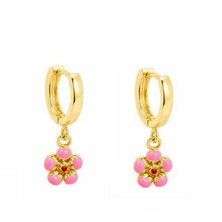 18K Solid Yellow Gold Pink Enamel Flower Huggie Hoop Earrings