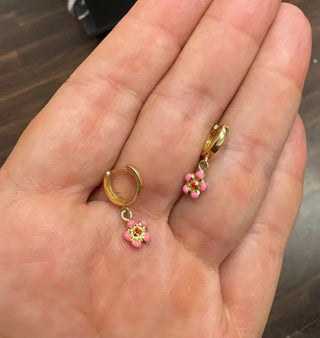 18K Solid Yellow Gold Pink Enamel Flower Huggie Hoop Earrings