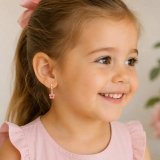 18K Solid Yellow Gold Pink Enamel Flower Huggie Hoop Earrings