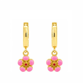 18K Solid Yellow Gold Pink Enamel Flower Huggie Hoop Earrings