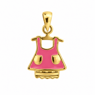 18K Solid Gold Yellow Gold Pink Enamel Girl Dress Pendant