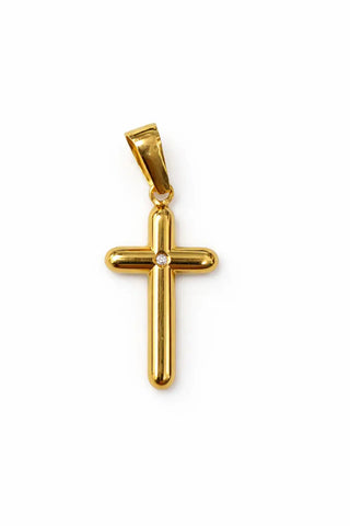 18K Solid Yellow Gold Rounded Cross Pendant with Diamond