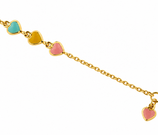 18K Solid Yellow Gold Multicolor Enamel Hearts Bracelet, in line view