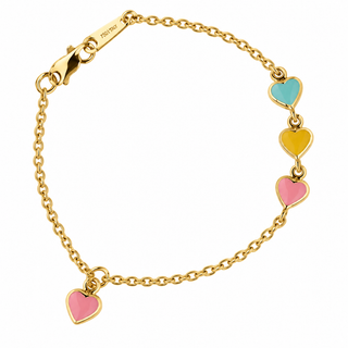 18K Solid Yellow Gold Multicolor Enamel Hearts Bracelet