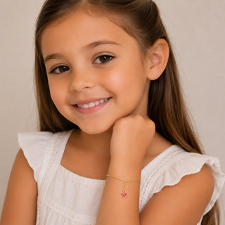 18K Solid Yellow Gold Enamel Pink Dangling Heart Bangle