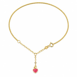 18K Solid Yellow Gold Enamel Pink Dangling Heart Bangle