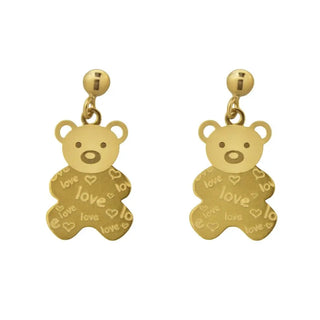 18K Yellow Gold Love Teddy Bear Dangle Screwback Earrings