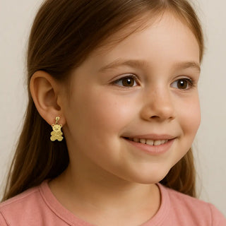 18K Yellow Gold Love Teddy Bear Dangle Screwback Earrings
