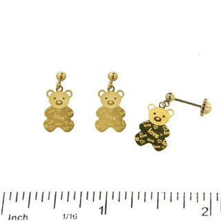 18K Yellow Gold Love Teddy Bear Dangle Screwback Earrings