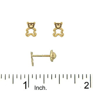 18K Solid Yellow Gold Small Open Satin Teddy Bear Covered Screwback Earrings