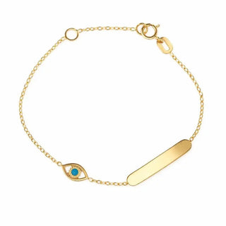 18K Solid Yellow Gold Blue Enamel Evil Eye ID Bracelet
