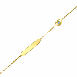 18K Solid Yellow Gold Blue Enamel Evil Eye ID Bracelet