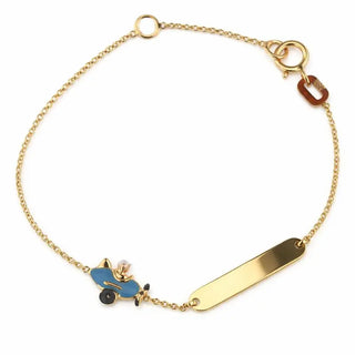 18K Yellow Gold Blue Enamel Airplane Id Baby Bracelet