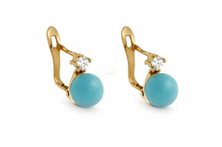 18K Solid Yellow Gold Turquoise and Zirconia Leverback Earrings