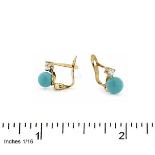 18K Solid Yellow Gold Turquoise and Zirconia Leverback Earrings